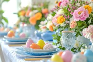 Easter table setting decorated with colorful eggs and spring flowers . photo