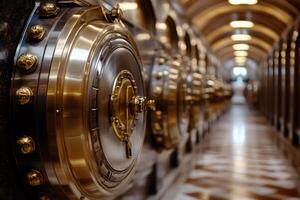 Close up of combination lock on a bank vault door in a secure room photo