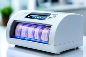 Currency counting machine processing banknotes in office setting photo