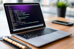 Modern laptop displaying programming code on desk in office setting photo