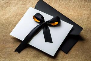 White envelope with black and yellow ribbon resting on burlap background photo