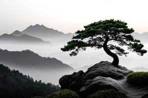 Lonely tree growing on a rock in misty mountains at dawn photo