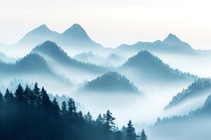 Fog rolling over layers of blue mountains and pine trees forest photo