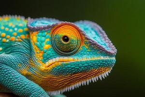 Colorful chameleon posing on a branch, a close up of exotic beauty. photo