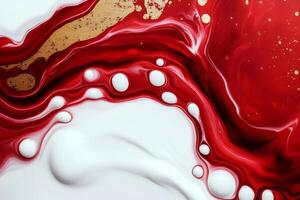 Red and white paint mixing with gold glitter creating abstract pattern photo