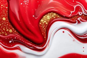 Red and white paint mixing with golden bubbles creating abstract pattern. . photo