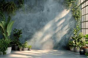 Empty room with plants, concrete wall and window sunlight creating shadows photo