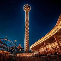 Panoramic observation tower illuminating night sky at amusement park photo