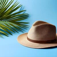 Straw hat and palm leaf creating a relaxing summer vibe on blue background photo