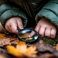 Child exploring nature with magnifying glass examining insect on moss photo