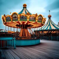Illuminated carousel shining at dusk in amusement park photo
