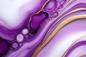 Purple and gold abstract fluid art painting with bubbles and swirls photo
