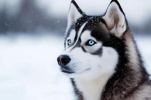 Husky dog enjoying falling snow in winter wonderland photo