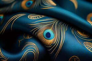 Luxurious deep teal fabric flowing with embroidered golden peacock feathers photo