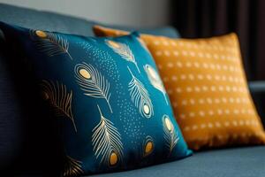 Elegant cushions resting on comfortable sofa in modern living room photo