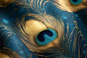 Peacock feather pattern shining with gold on teal fabric photo