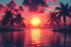 Palm trees silhouettes at sunset reflecting on calm ocean with colorful sky photo