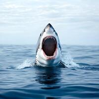 Great white shark opening its huge jaws while emerging from the ocean photo