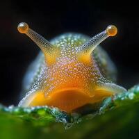 Snail sliding on green leaf, macro photography of nature's beauty photo