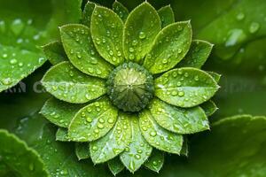 Green plant showing perfect symmetry with water drops on leaves photo