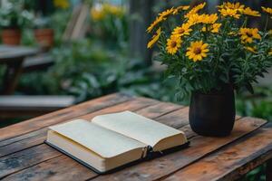 Open notebook and yellow flowers creating a peaceful reading environment photo