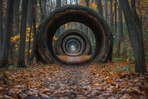 Circular tree trunks forming a tunnel in the forest photo