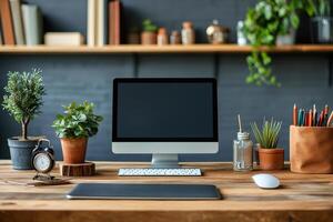 Modern freelancer workplace with computer showing blank screen for mockup photo