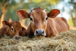 Cow and calf resting on hay in green field photo