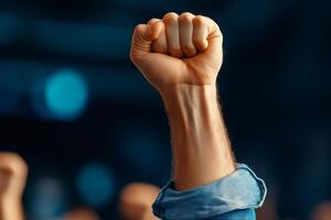 Man raising fist showing power and strength in a crowd photo