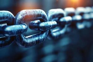 Close up of interlocking metal chain links forming a strong connection photo