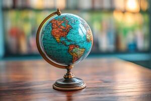 Vintage globe showing america on wooden table in blurred bookshelf background photo