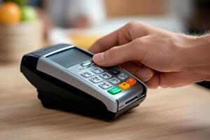 Customer paying with contactless payment terminal in a store photo