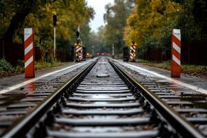 Wet railway tracks disappearing into the distance on a cloudy autumn day photo
