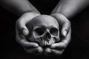 Two hands holding a skull in black and white representing death and mortality photo