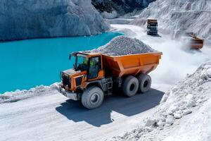 Dumper truck transporting marble in open pit mine with turquoise lake photo