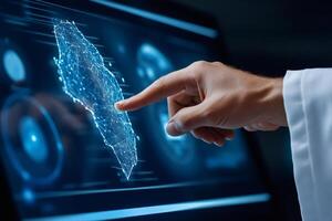 Scientist touching futuristic digital hologram interface displaying glowing map data visualization photo