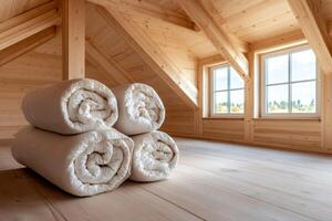 Rolled up mattresses resting on attic floor with wooden beams and windows photo