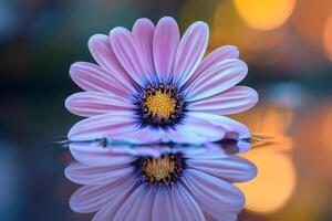Purple daisy flower floating on water with reflection and bokeh background photo