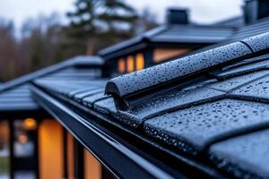 Rain drops accumulating on modern black roof tiles and ridge vent photo