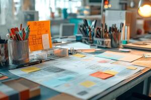 Architect designing a new project using blueprints and sticky notes on desk photo