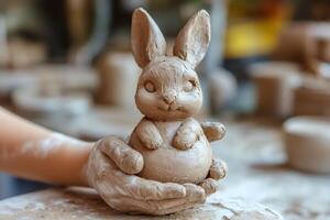 Potter creating clay rabbit figurine in workshop photo