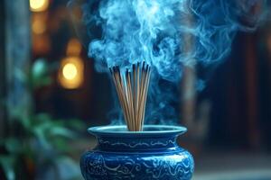 Incense burning, creating a mystical blue smoke in a decorated pot photo