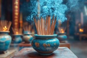 Incense burning in a decorated pot creating a mystical atmosphere in temple photo