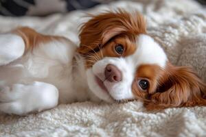 Cute puppy resting on soft blanket, cavalier king charles spaniel relaxing at home photo