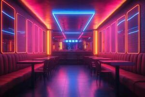 Empty retro style bar interior with neon lights illuminating tables and bar photo