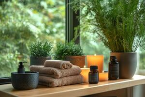 Creating relaxing atmosphere with burning candles and towels on wooden table photo