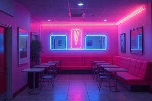 Empty retro diner with pink neon lights and booth seating photo