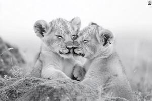 Two lion cubs showing affection in black and white photo