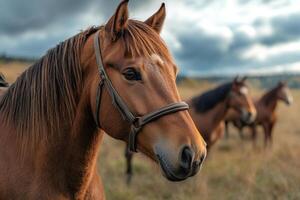 Majestic brown horse grazing in open field photo