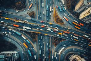 Highway interchange traffic congestion creating bottleneck during rush hour photo